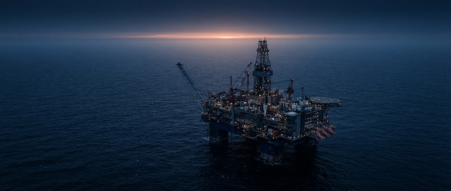 Offshore energy platform at blue hour